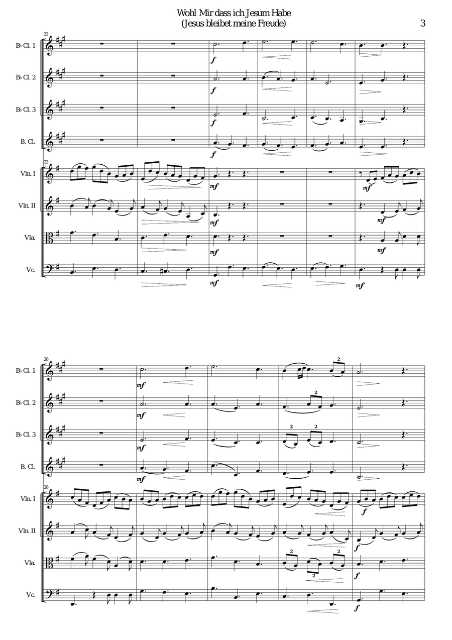 Wohl mir dass ich Jesum habe (Jesu joy of man's desiring) for clarinet quartet and strings Small Ensemble scores gallery preview page 3