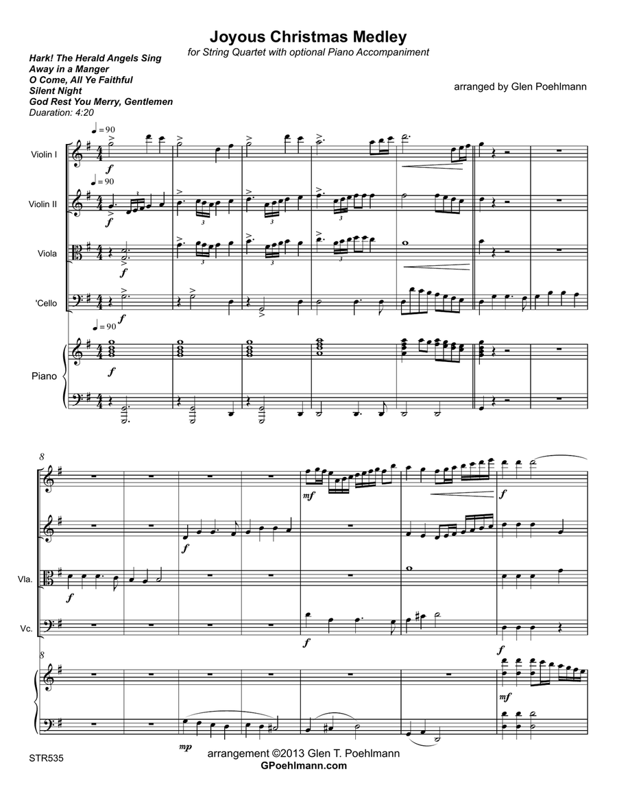 JOYOUS CHRISTMAS MEDLEY - STRING QUARTET with optional Piano (5 Carol Medley) Piano Quintet scores gallery preview page 1