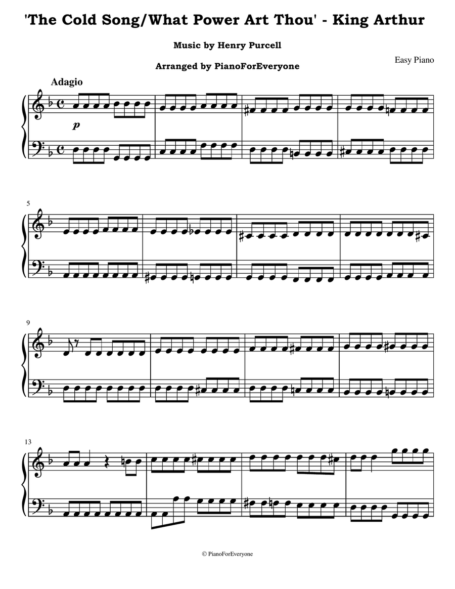 'The Cold Song/What Power Art Thou' from King Arthur - Purcell (Easy Piano) Easy Piano scores gallery preview page 1