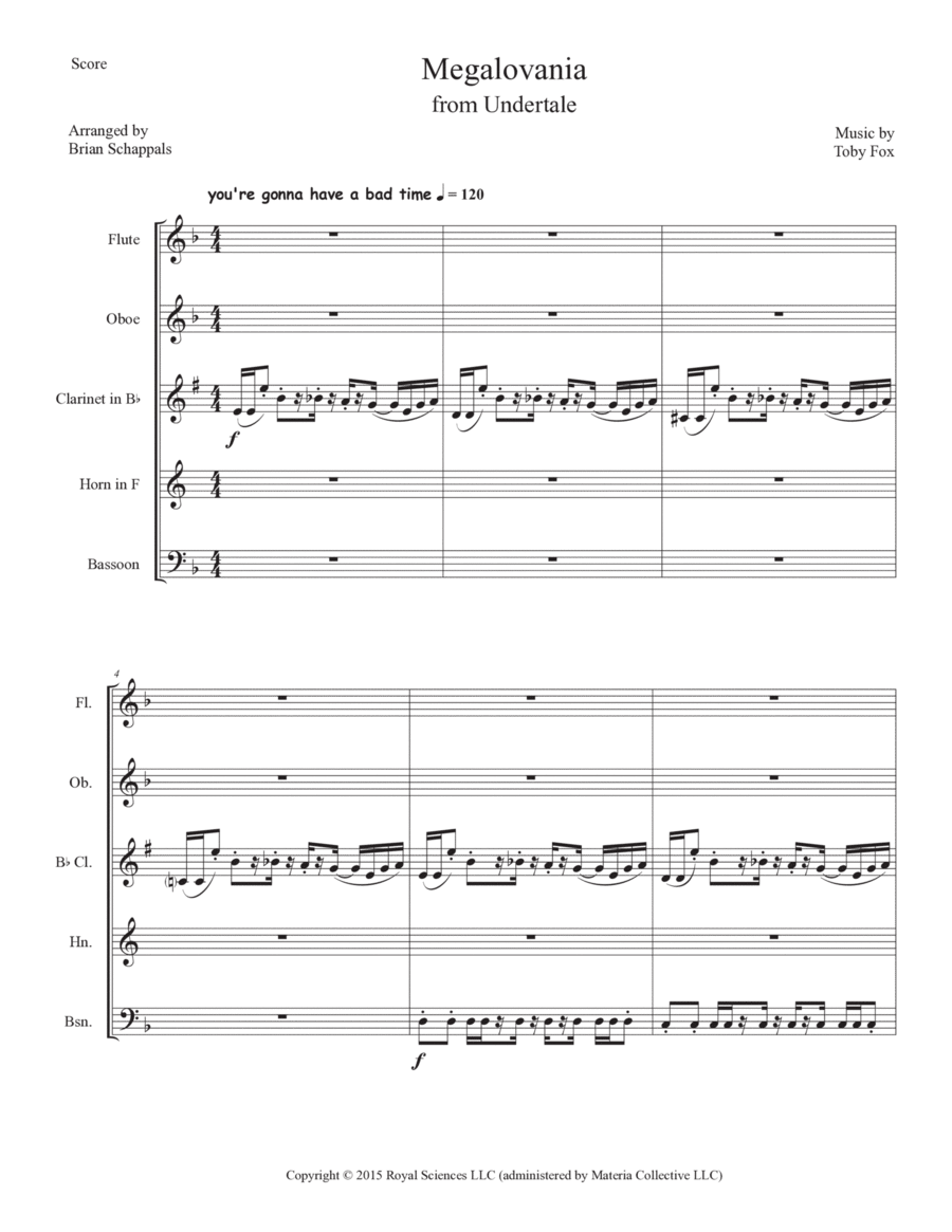 Megalovania Megalovania Woodwind Quintet scores gallery preview page 1