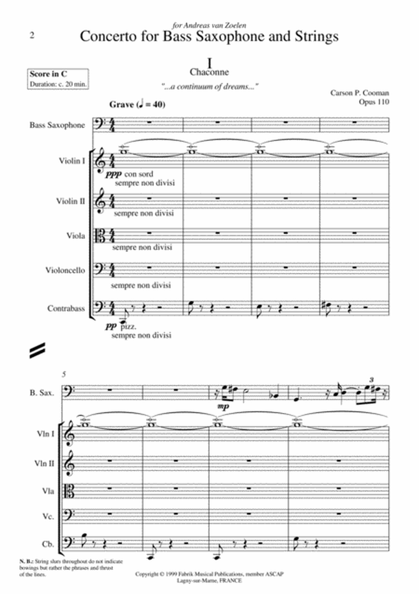 Carson Cooman: Concerto for Bass Saxophone and Strings (1999), score and solo part