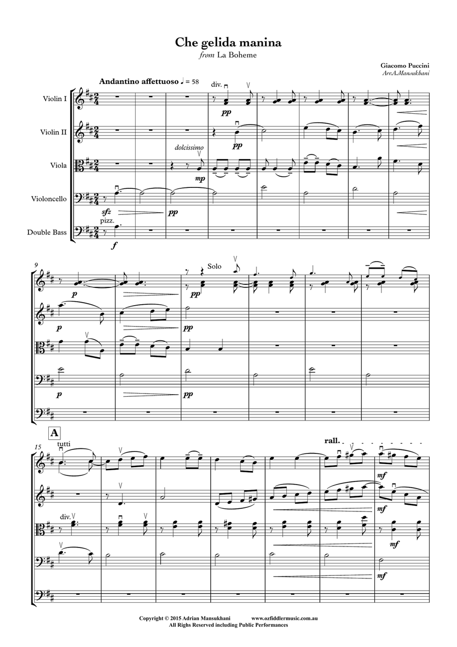 Che gelida manina, from La Boheme, by Giacomo Puccini, arranged for String Orchestra by Adrian Mansu String Orchestra scores gallery preview page 2