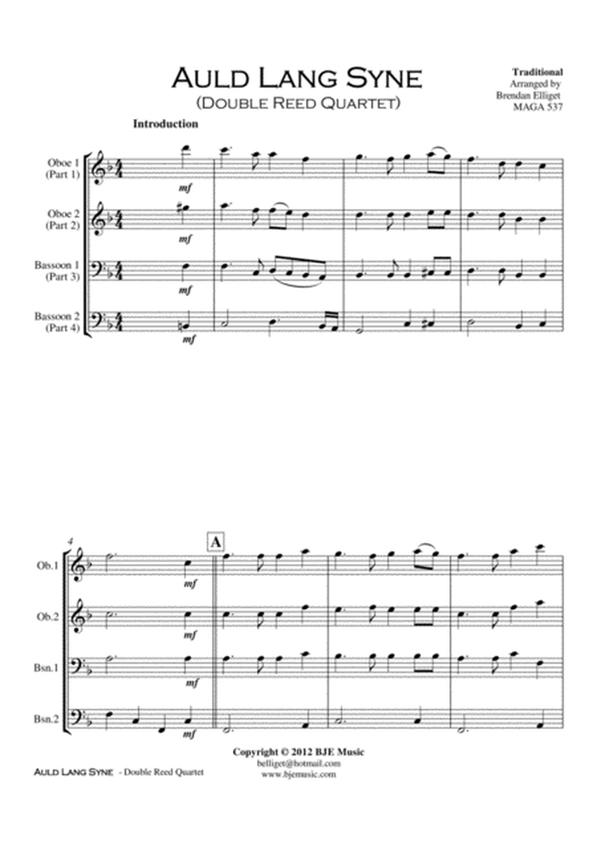 Auld Lang Syne - Double Reed Quartet Score and Parts PDF image number null
