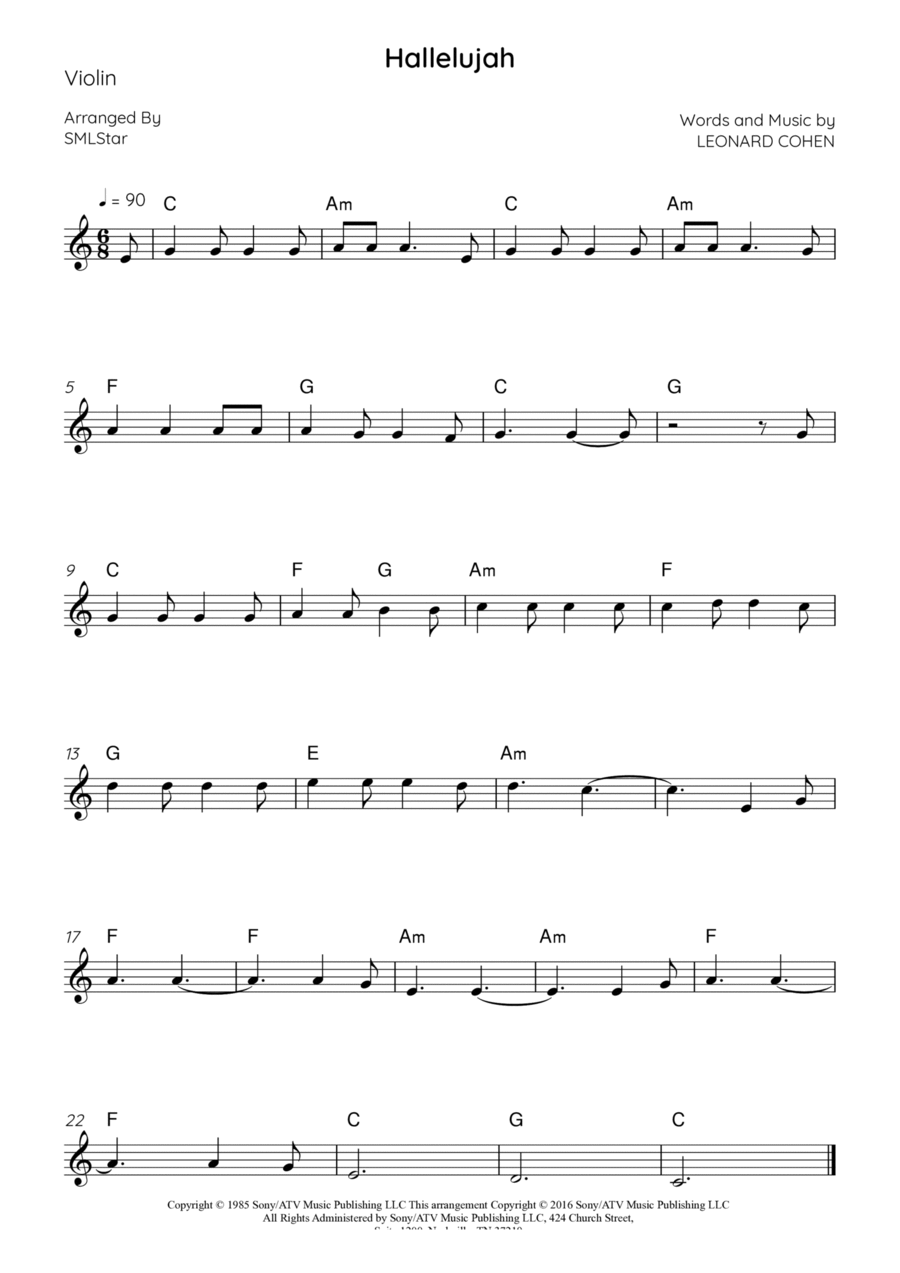 Hallelujah Violin Solo scores gallery preview page 1