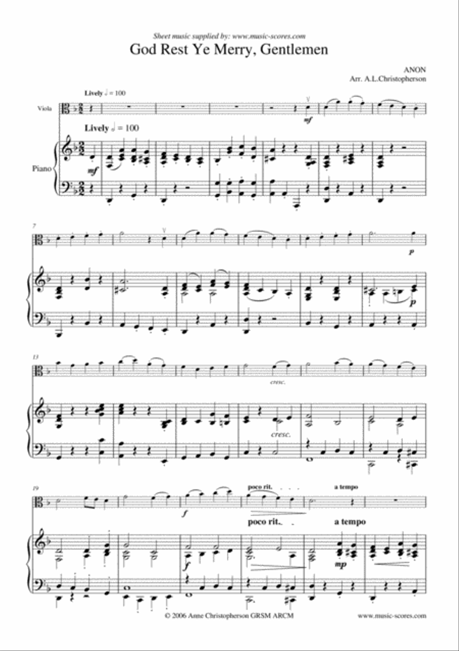 God Rest Ye Merry Gentlemen - Viola and Piano Piano scores gallery preview page 1