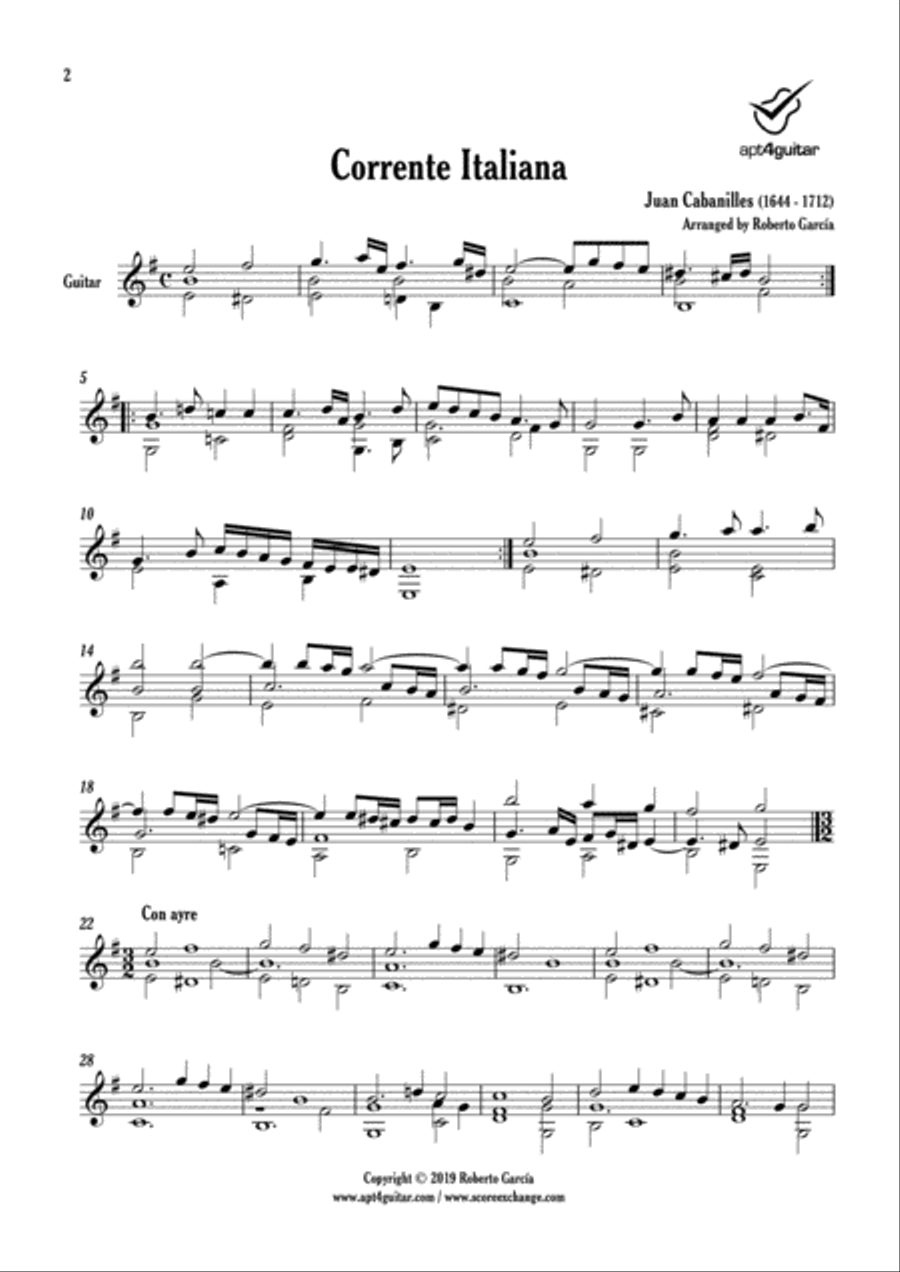 Corrente Italiana Classical Guitar scores gallery preview page 2