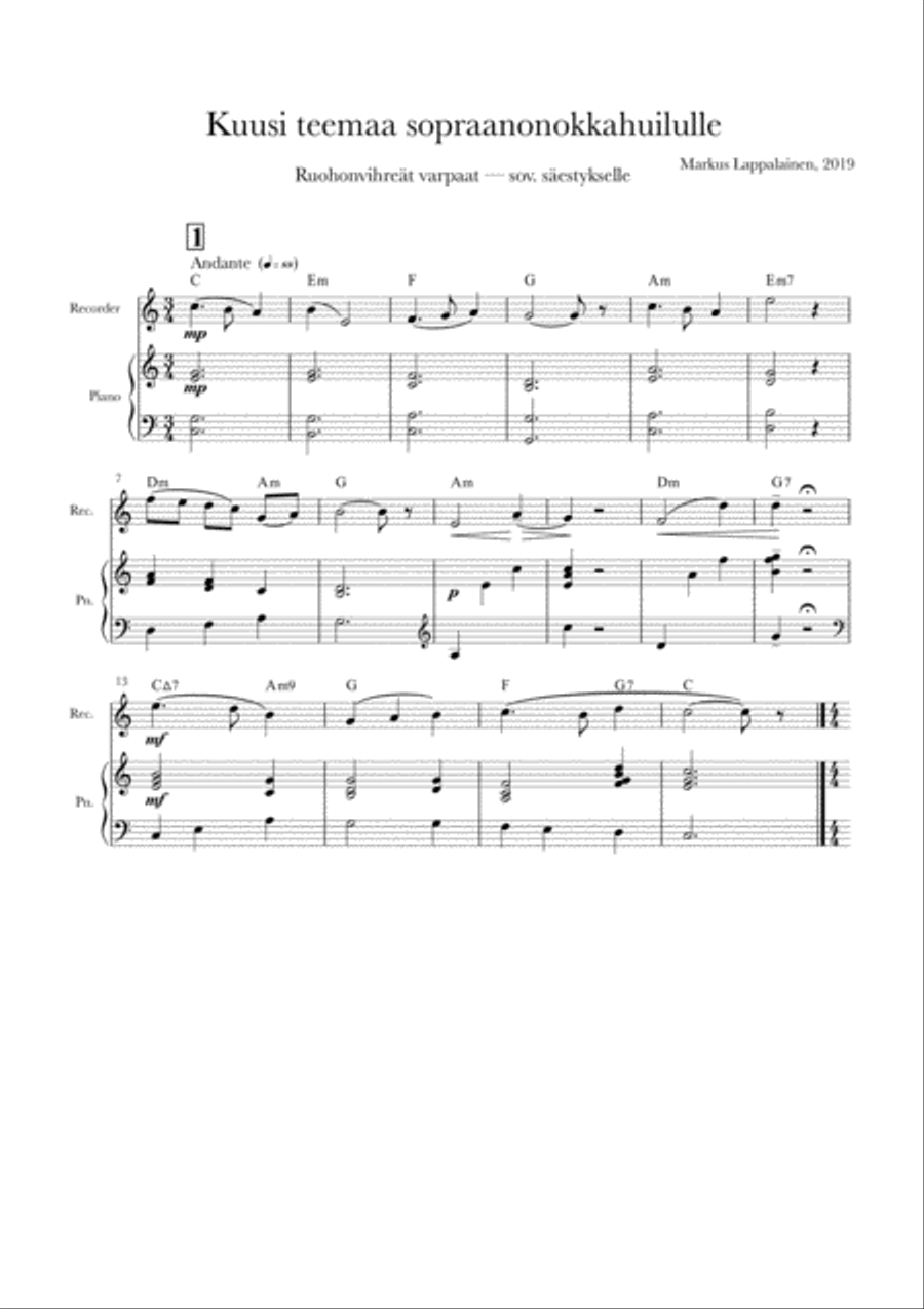6 Themes for Soprano Recorder (arr. for piano accompaniment) Soprano Recorder scores gallery preview page 1