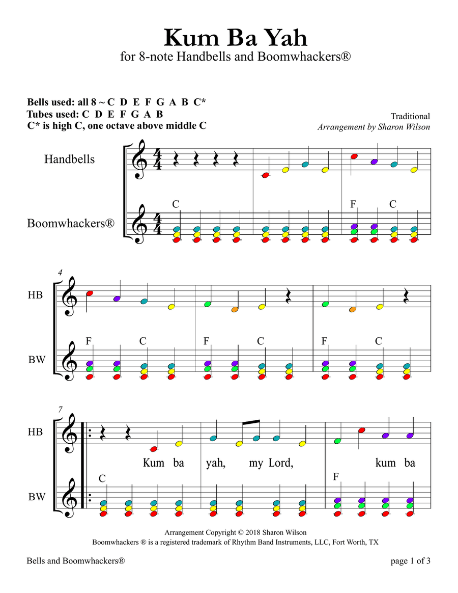 Kum Ba Yah (for 8-note Bells and Boomwhackers with Color Coded Notes) Small Ensemble scores gallery preview page 4