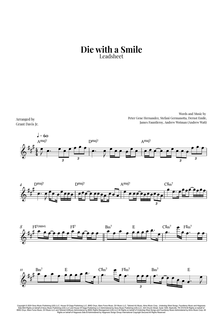 Die With A Smile Piano scores gallery preview page 1