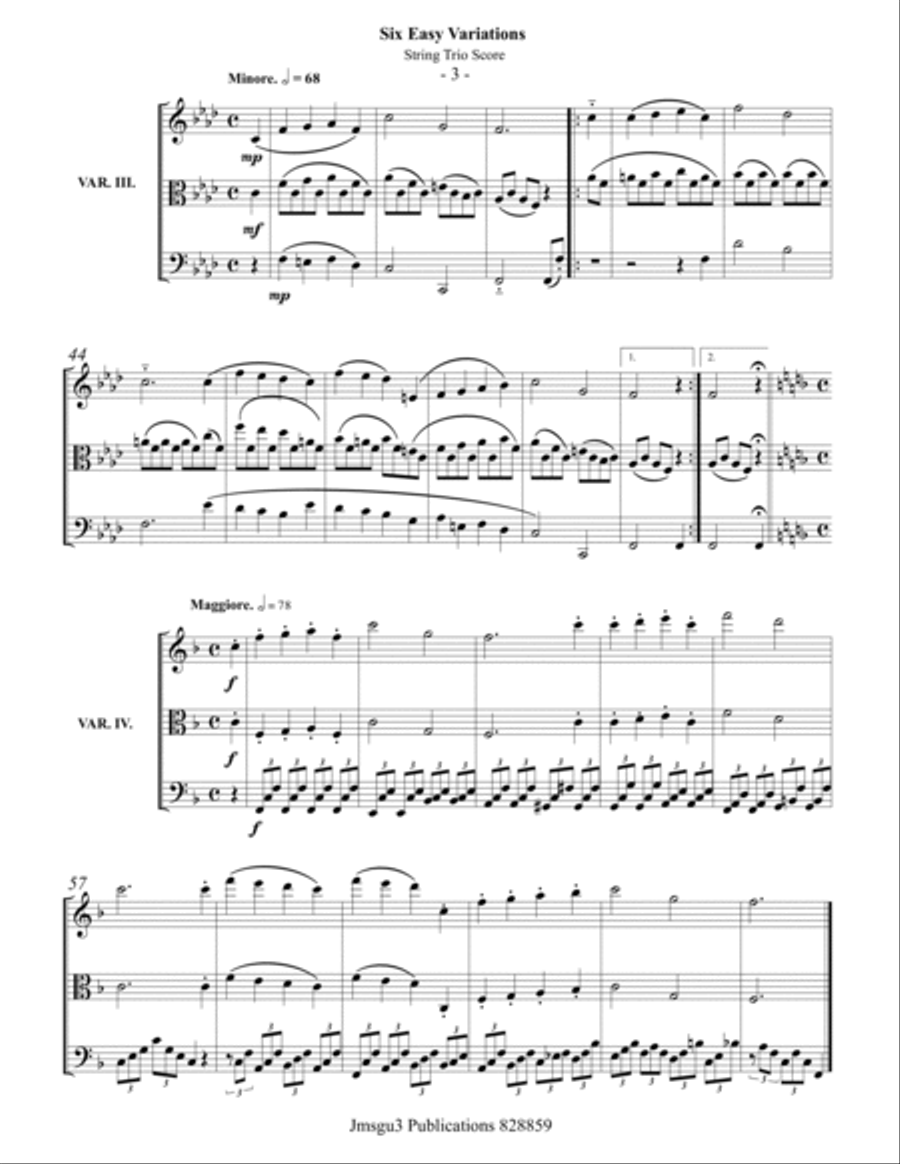 Beethoven: Six Easy Variations on a Swiss Theme WoO 64 for String Trio - Score Only String Trio scores gallery preview page 3