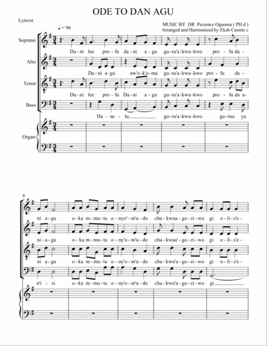 Ode to proffesor Dan Agu of Nnamdi Azikiwe University akwa Anambra State 4-Part scores gallery preview page 1