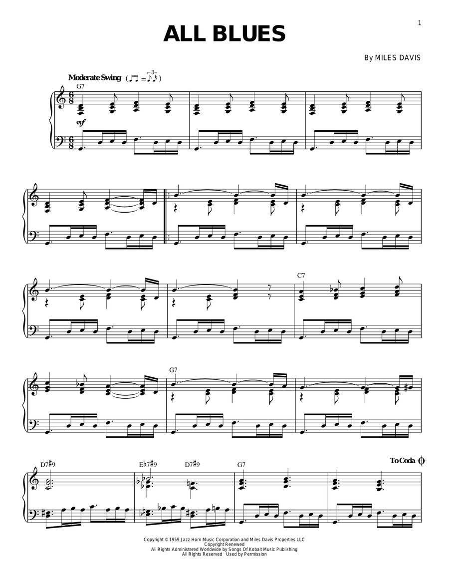 All Blues Piano Solo scores gallery preview page 1