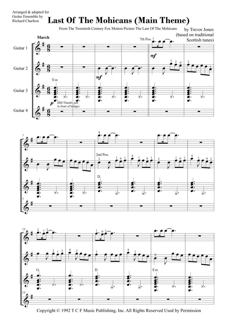 Last Of The Mohicans (Main Theme) Guitar Ensemble scores gallery preview page 1
