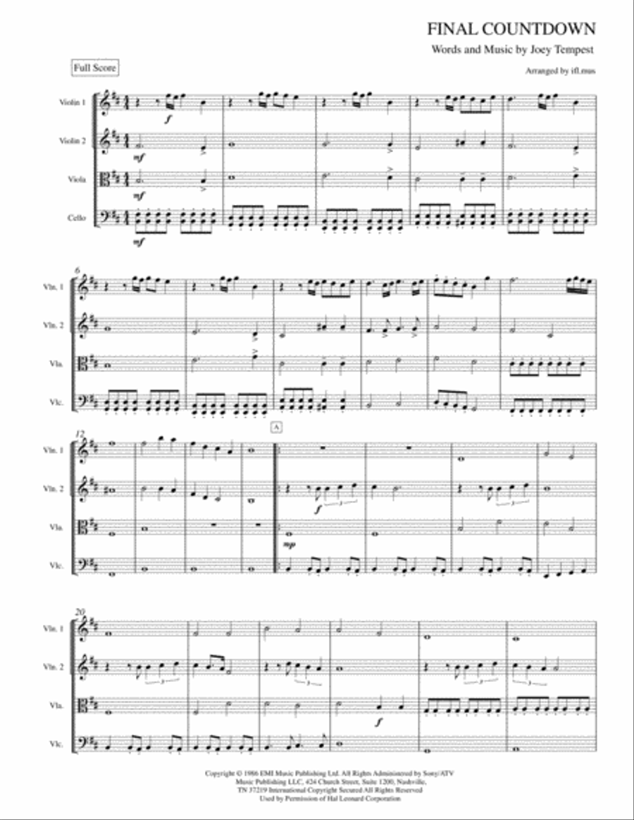 Final Countdown String Quartet scores gallery preview page 1