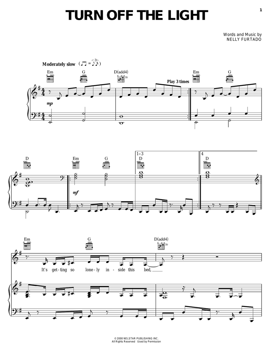 Turn Off The Light Piano, Vocal, Guitar scores gallery preview page 1