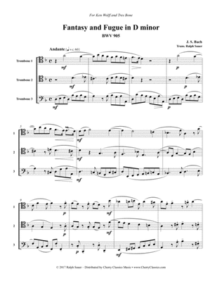 Book cover for Fantasy and Fugue in D minor, BWV 905 for Trombone Trio