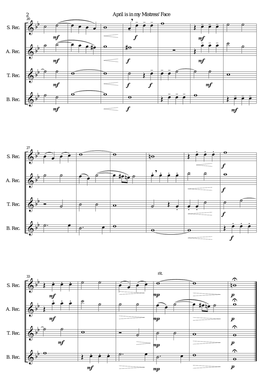 April is in my Mistress' Face for recorder quartet Small Ensemble scores gallery preview page 2