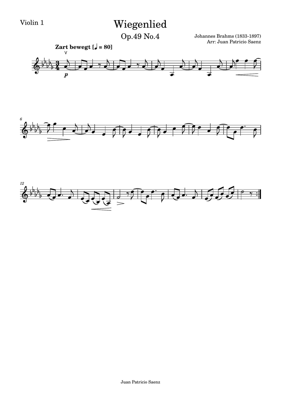 Johannes Brahms - Wiegenlied Op.49 N.4, String quartet arrangement low voice (Db major) String Quartet scores gallery preview page 4