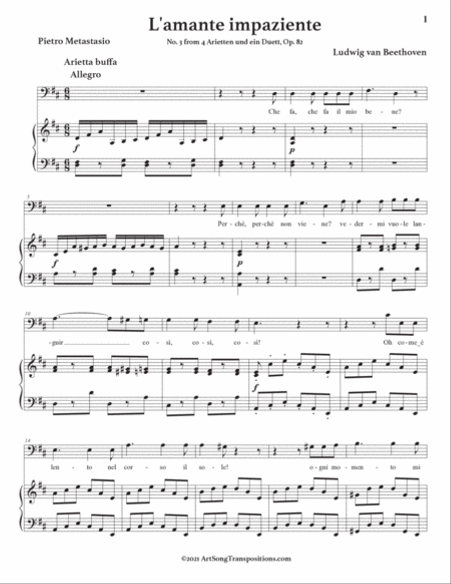BEETHOVEN: L'amante impaziente, Op. 82 no. 3 (transposed to D major, bass clef) Voice scores gallery preview page 2