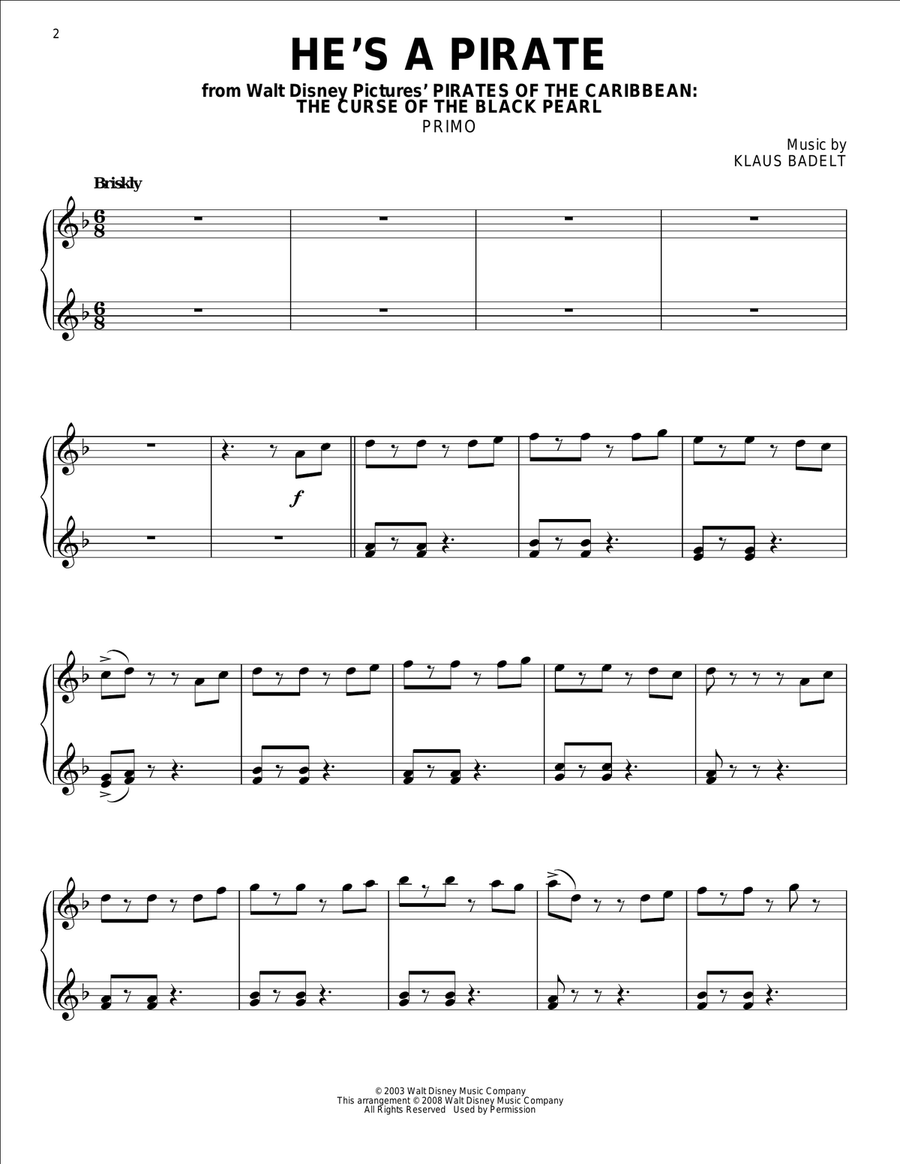 He's A Pirate (from Pirates Of The Caribbean: The Curse of the Black Pearl) Piano Duet scores gallery preview page 2
