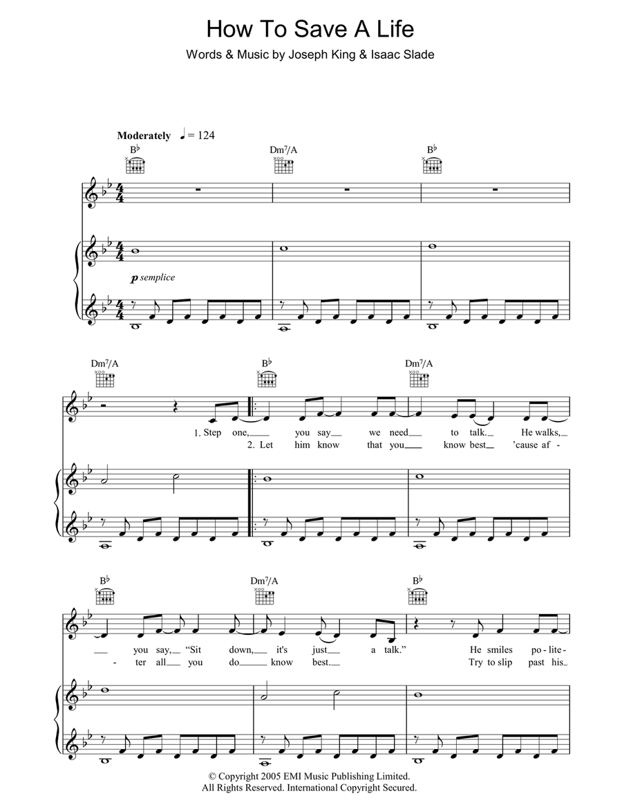 How To Save A Life Piano, Vocal, Guitar scores gallery preview page 1