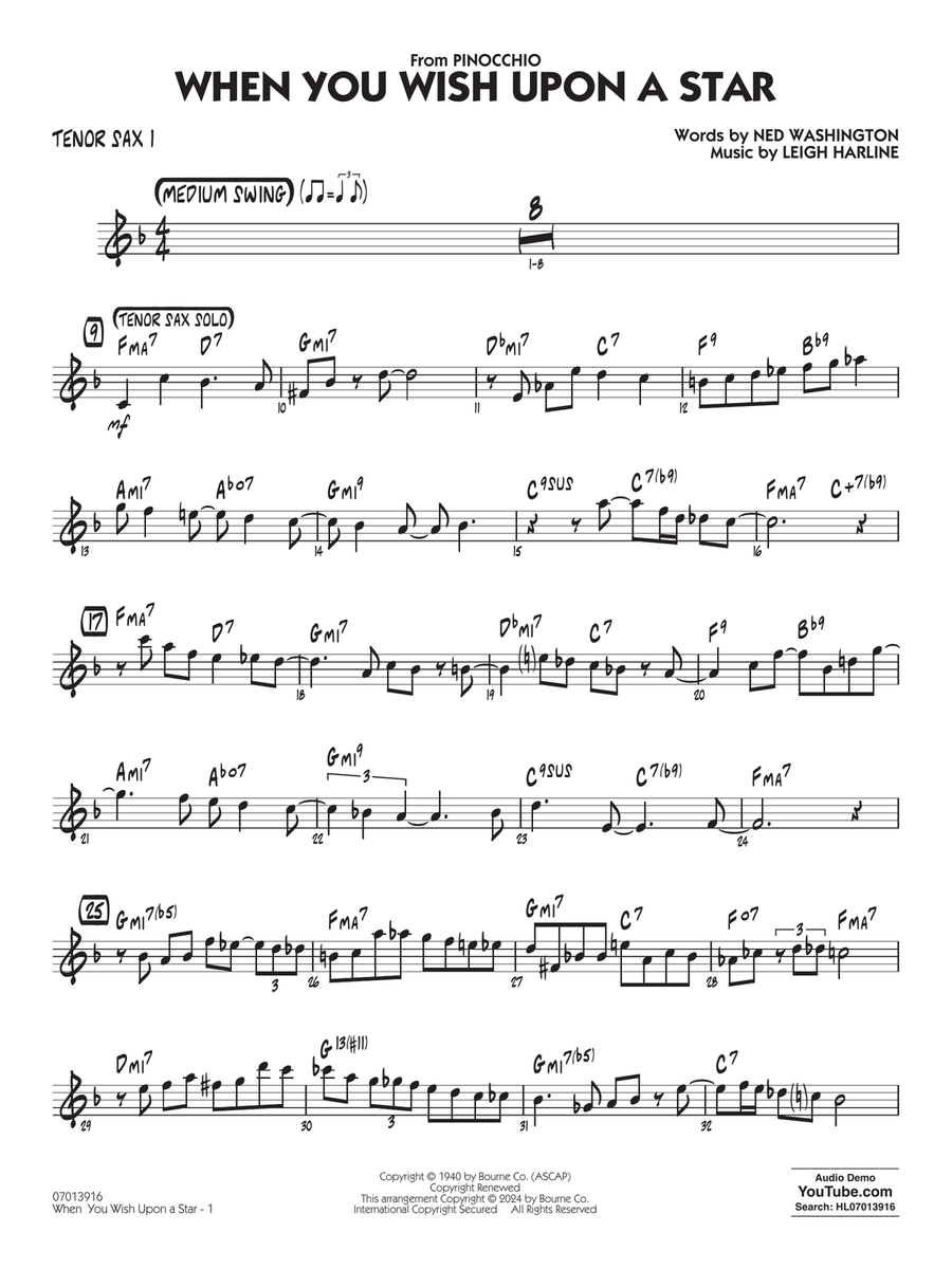 When You Wish Upon A Star (Key: C) (arr. Chuck Israels) - Tenor Sax 1