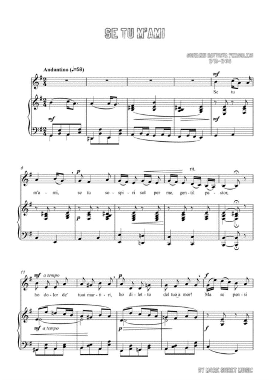 Pergolesi-Se tu m'ami in e minor,for Voice and Piano Voice Solo scores gallery preview page 3