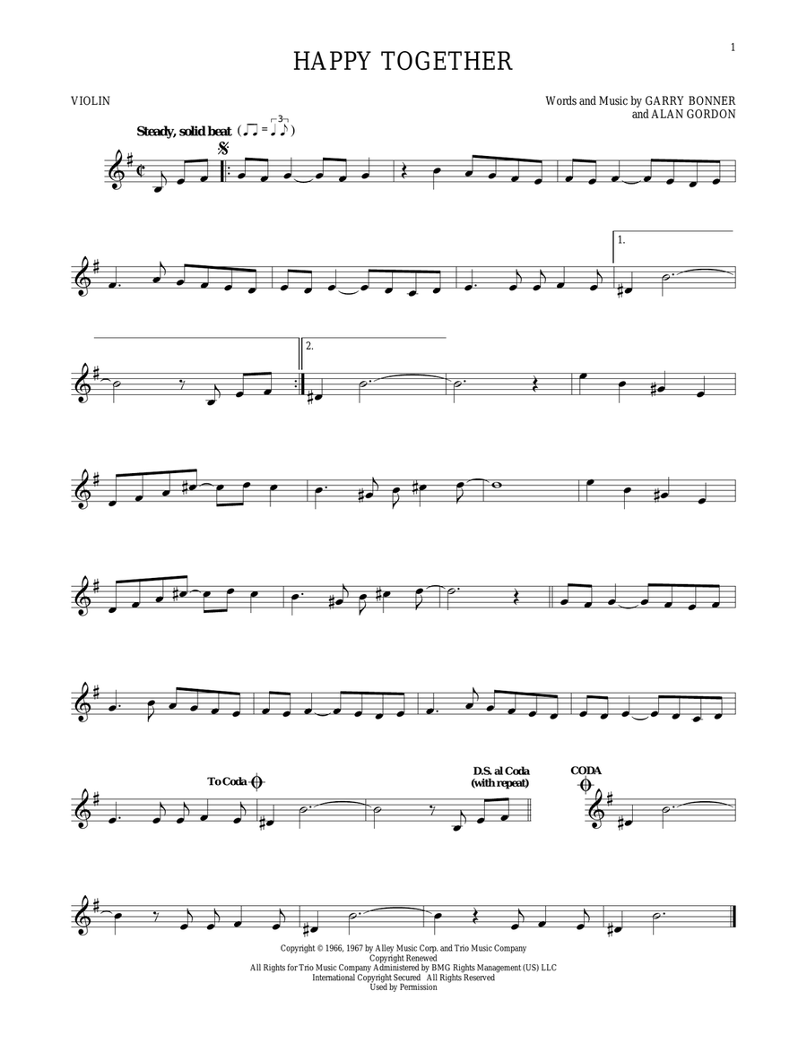 Happy Together Violin Solo scores gallery preview page 1