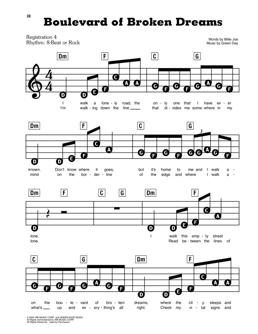Boulevard Of Broken Dreams Electronic Keyboard scores gallery preview page 1