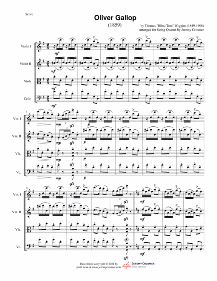 Thomas Wiggins - Oliver Gallop - Black Composers, Classical Quartets String Quartet scores gallery preview page 2