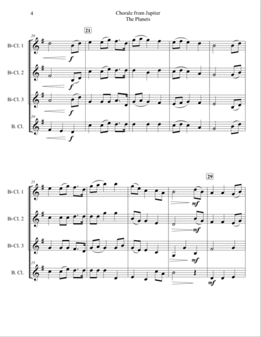 Chorale from Jupiter for Clarinet Quartet Clarinet Quartet scores gallery preview page 4