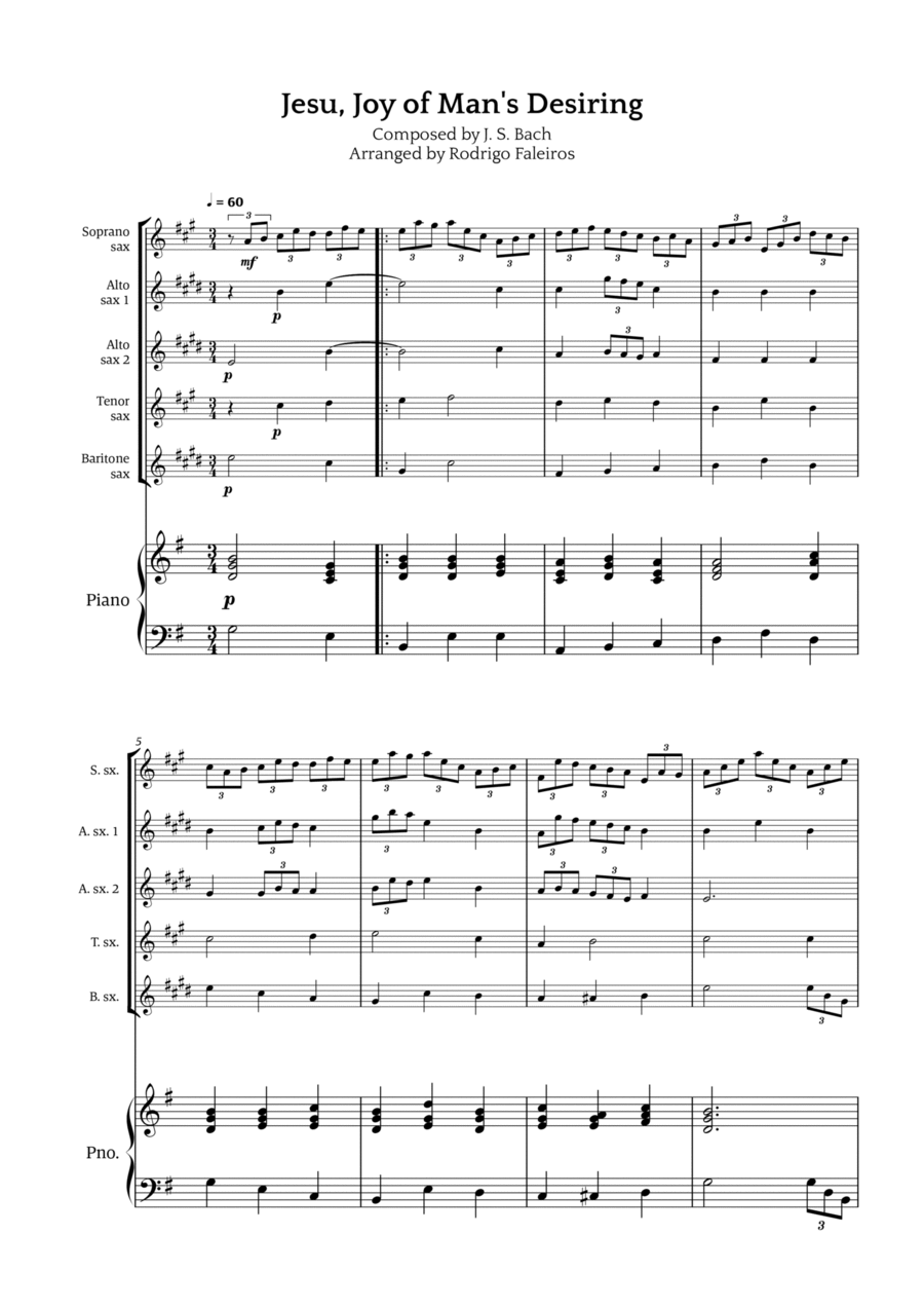 Jesu, Joy of Man's Desiring Jesu, Joy of Man's Desiring Saxophone Quintet scores gallery preview page 1