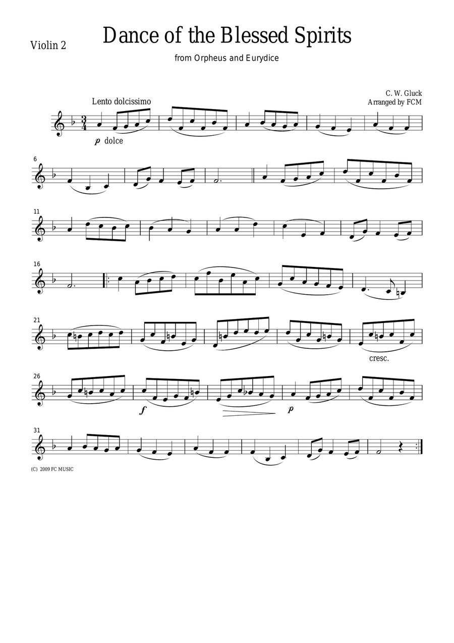 Gluck Dance of the Blessed Spirits from Orpheus and Eurydice, for string quartet, CG301 String Quartet scores gallery preview page 2