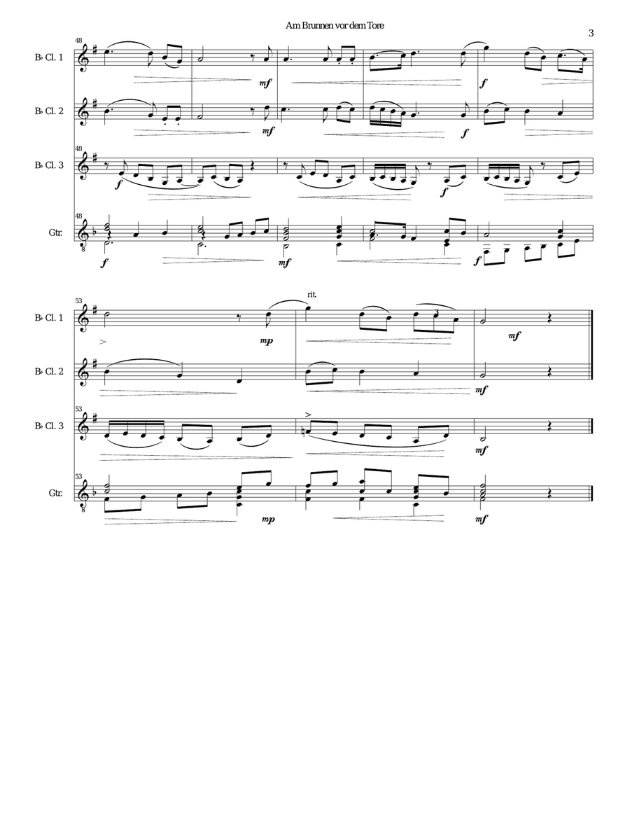 Am Brunnen vor dem Tore (At the fountain before the gate) for 3 clarinets, guitar Clarinet scores gallery preview page 3