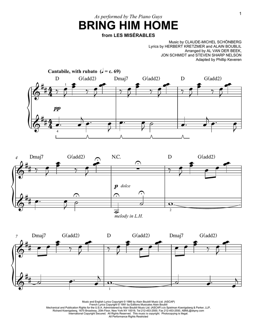 Bring Him Home (arr. Phillip Keveren) Easy Piano scores gallery preview page 1