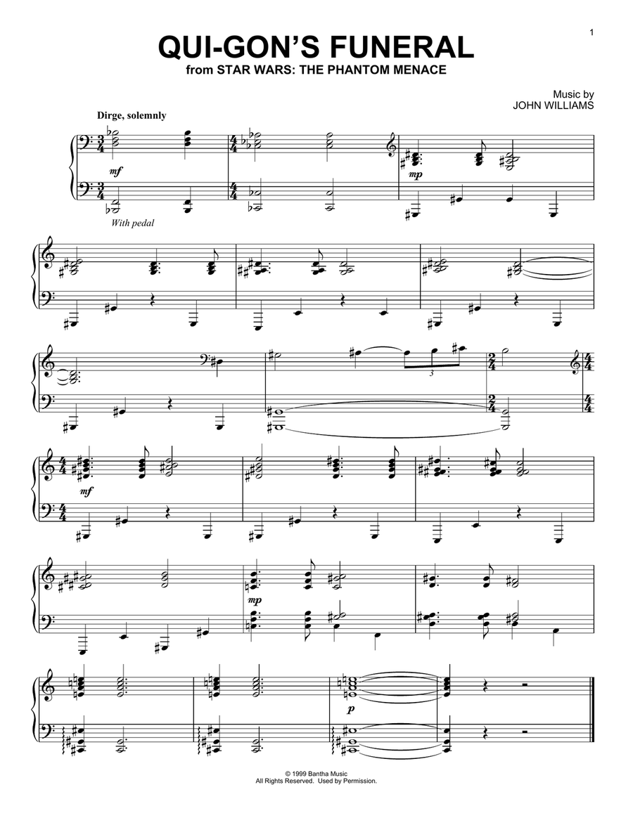 Qui-Gon's Funeral (from Star Wars: The Phantom Menace) Piano Solo scores gallery preview page 1