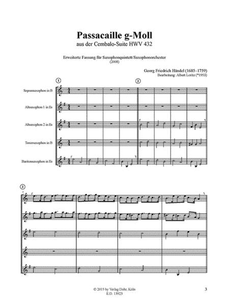 Passacaille g-Moll -Erweiterte Fassung für Saxophonquintett/Saxophonorchester- (aus der Cembalo-Suite HWV 432)