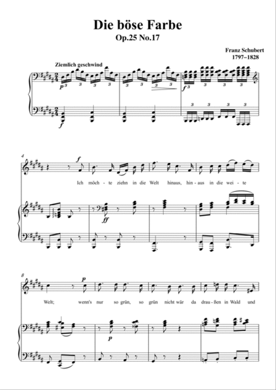 Schubert-Die böse Farbe,from 'Die Schöne Müllerin',Op.25 No.17 in B for Vocal and Piano Voice scores gallery preview page 2