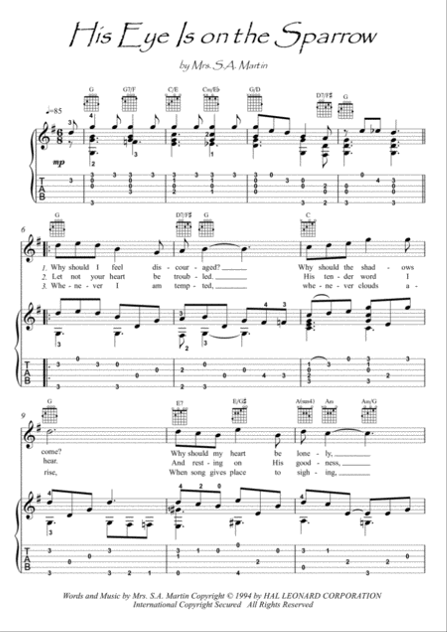 His Eye Is On The Sparrow Classical Guitar scores gallery preview page 1