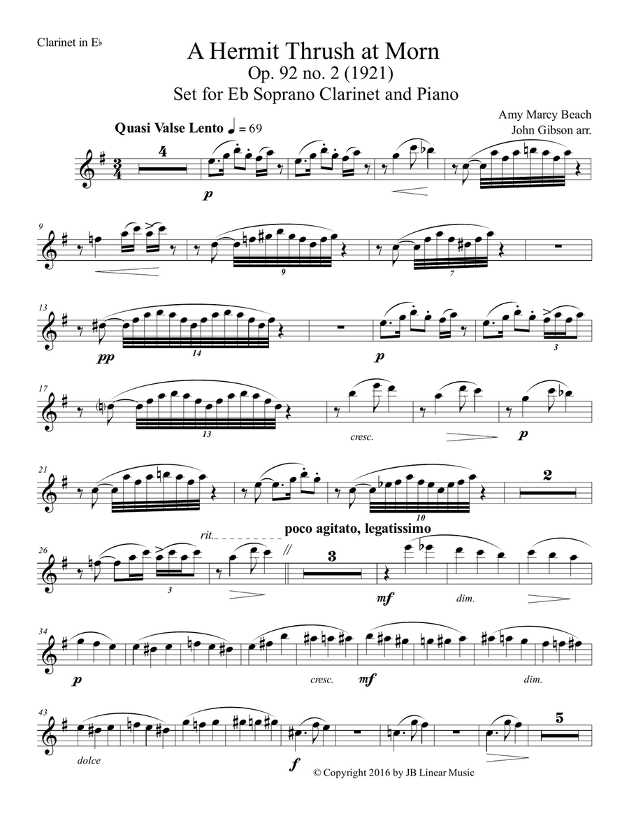 Amy Beach - Hermit Thrush at Morn set for E-Flat Clarinet and Piano E-Flat Clarinet scores gallery preview page 1