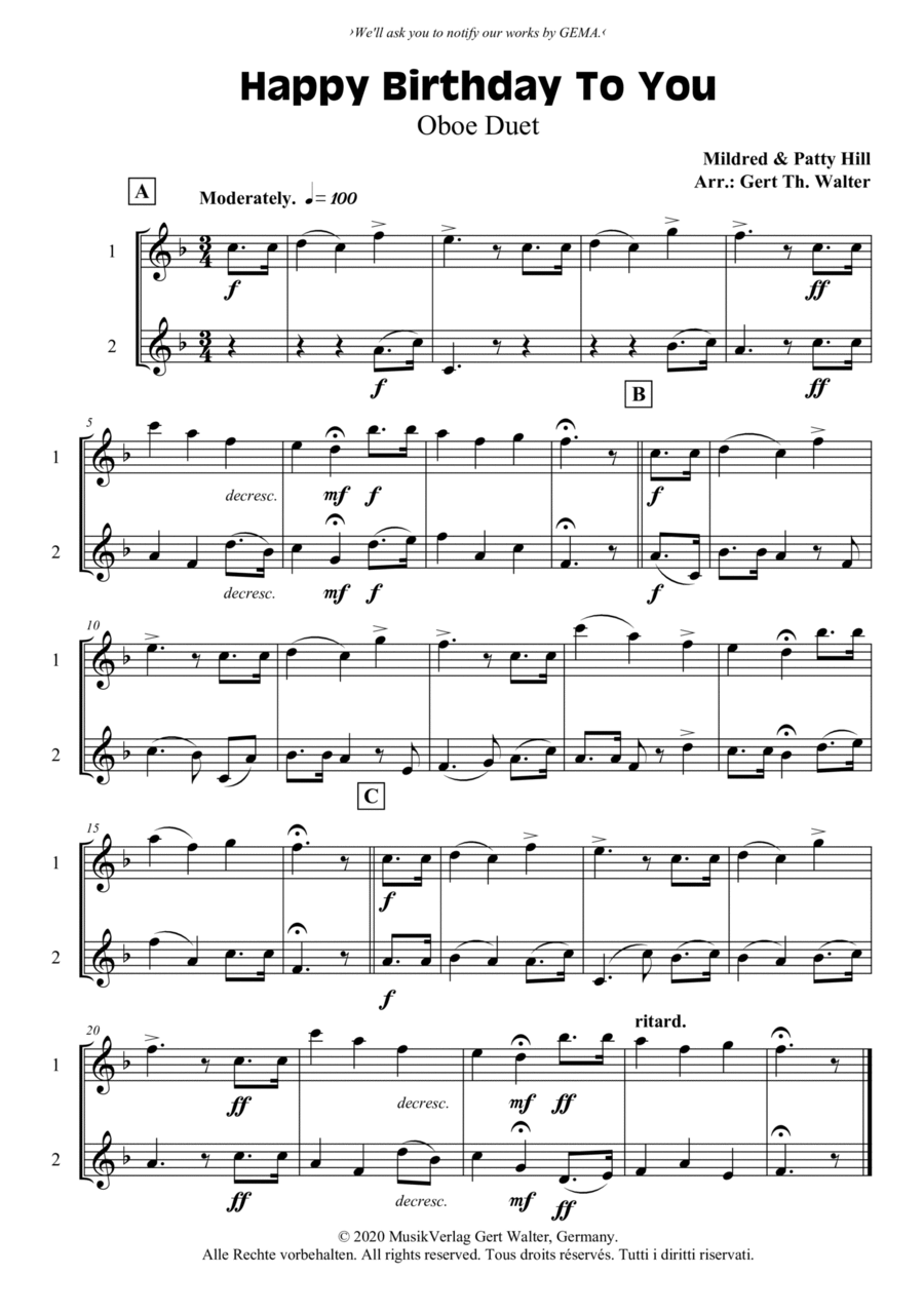 Happy Birthday To You Woodwind Duet scores gallery preview page 1