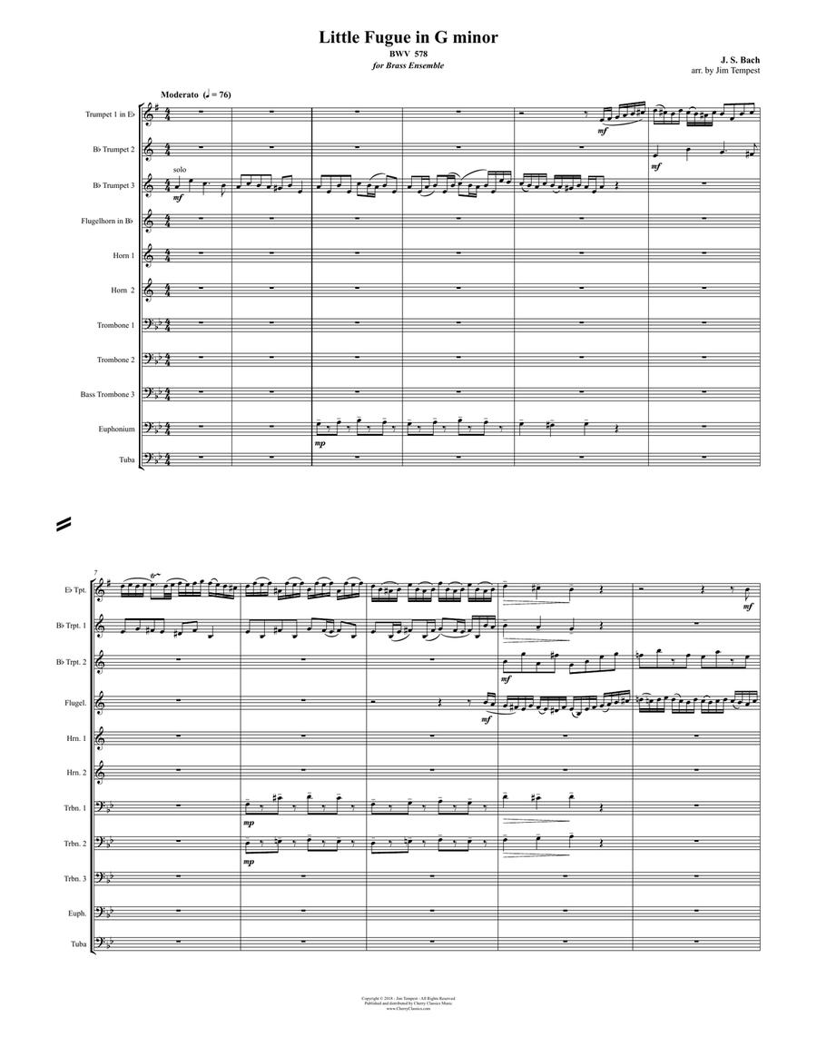 Little Fugue in G minor BWV 578 for 11-part Brass Ensemble Brass Ensemble scores gallery preview page 1