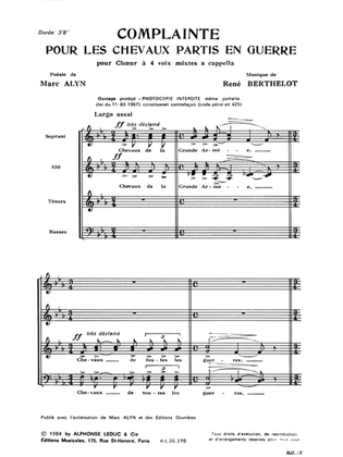 Complainte Pour Les Chevaux Partis En Guerre (choral-mixed A Cappella)