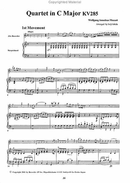Flute Quartet No. 1 KV285 for Alto Recorder and Harpsichord image number null