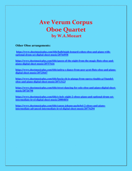 Ave Verum Corpus - Oboe Quartet - Intermediate level image number null