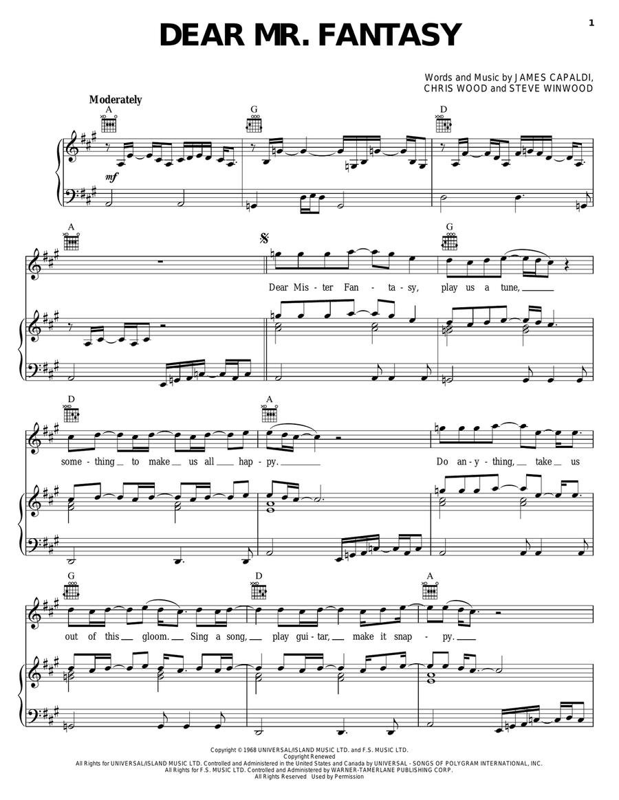 Dear Mr. Fantasy Dear Mr. Fantasy Piano, Vocal, Guitar scores gallery preview page 1