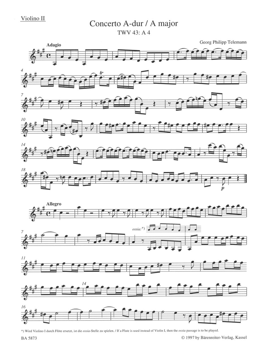 Concerto for Two Violins (Flute and Violin), Viola and Basso Continuo in A major TWV 43:A4