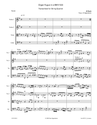 Book cover for Bach: Fugue BWV 533 in E Minor arr. for String Quartet