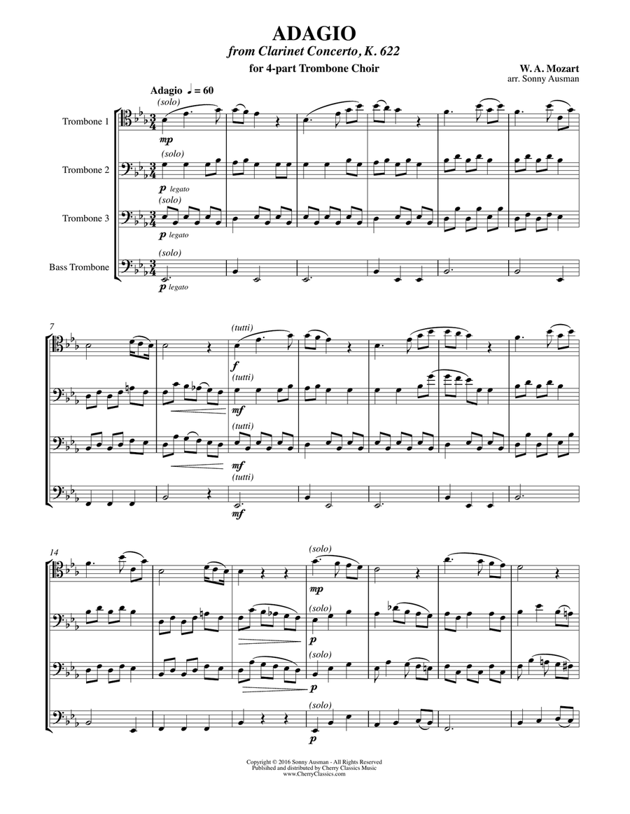 Adagio from Clarinet Concerto K. 622 for 4-part Trombone Choir 4-Part scores gallery preview page 1