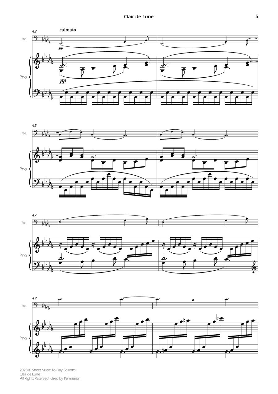 Clair de Lune by Debussy - Tuba and Piano (Full Score and Parts) Piano scores gallery preview page 6